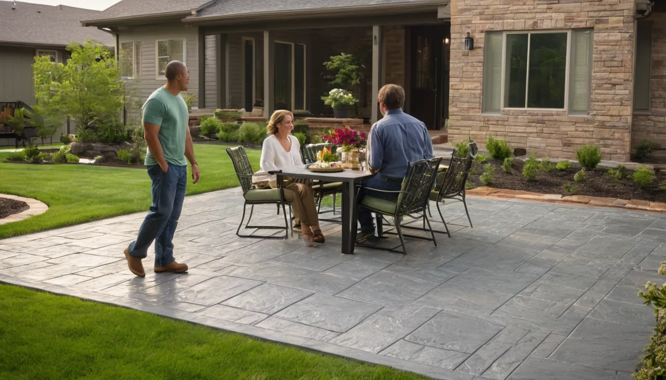 Stamped concrete patio with a slate pattern behind a home in Milwaukee